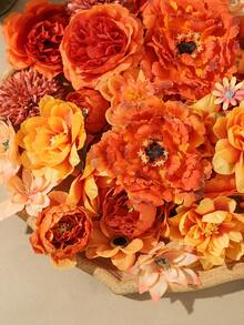 50PCS/100PCS Orange Tone Mixed Artificial Flower Head Set, Autumn Artificial Flower Head Wall Decoration, Suitable For Autumn Decor, Room Decor, Wedding Decor, Home Decor, Tabletop Wall Decor, Garden Decoration, Floral Arrangement Craft, Holiday Gift Choice - Orange - View 5
