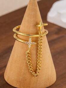 1pc Personalized Rhinestone Four-Pointed Star Chain Open Joint Finger Ring, Sweet & Cool Double Layer Design Star Ring, Hip-Hop Style - Gold - View 2