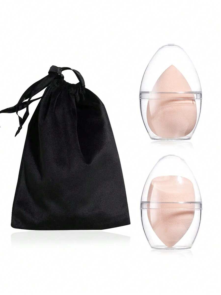 BS-MALL Enjoy Makeup Application Ultra Soft 2pcs Nude Makeup Sponges With Dust-Proof Breathable Transparent Egg Shell Packaging Black Velvet Drawstring Bag Premium Portable Travel Set - Apricot - View 1