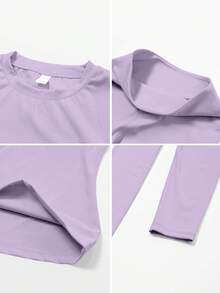 NcmRyu One Set Women's Solid Color Elastic Round Neck Short Sleeve Long Pants Sports Set - Mauve Purple - View 4