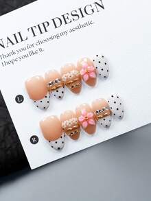 10 Pieces Of 100% Handmade White French Polka Dots, Each With A Unique Handmade Floral Gradient Surround Design. Reusable Handmade Fake Nails, Suitable For Women And Girls To Wear At Holiday Gatherings. Including 1 Nail File And 1 Piece Of Jelly Glue Handmade Press On Nails - Multicolor - View 1