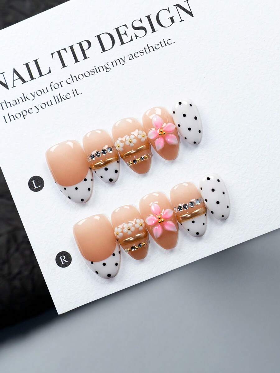 10 Pieces Of 100% Handmade White French Polka Dots, Each With A Unique Handmade Floral Gradient Surround Design. Reusable Handmade Fake Nails, Suitable For Women And Girls To Wear At Holiday Gatherings. Including 1 Nail File And 1 Piece Of Jelly Glue Handmade Press On Nails - Multicolor - View 1