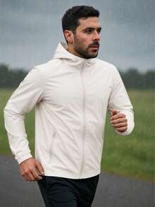 Men's Black Waterproof Windbreaker Jacket With Removable Hood, Sportswear For Gym Or Running, Water Resistant, Lightweight, Fitness, Training, Hiking, Casual, Autumn/Winter - 米白色 - 查看 1
