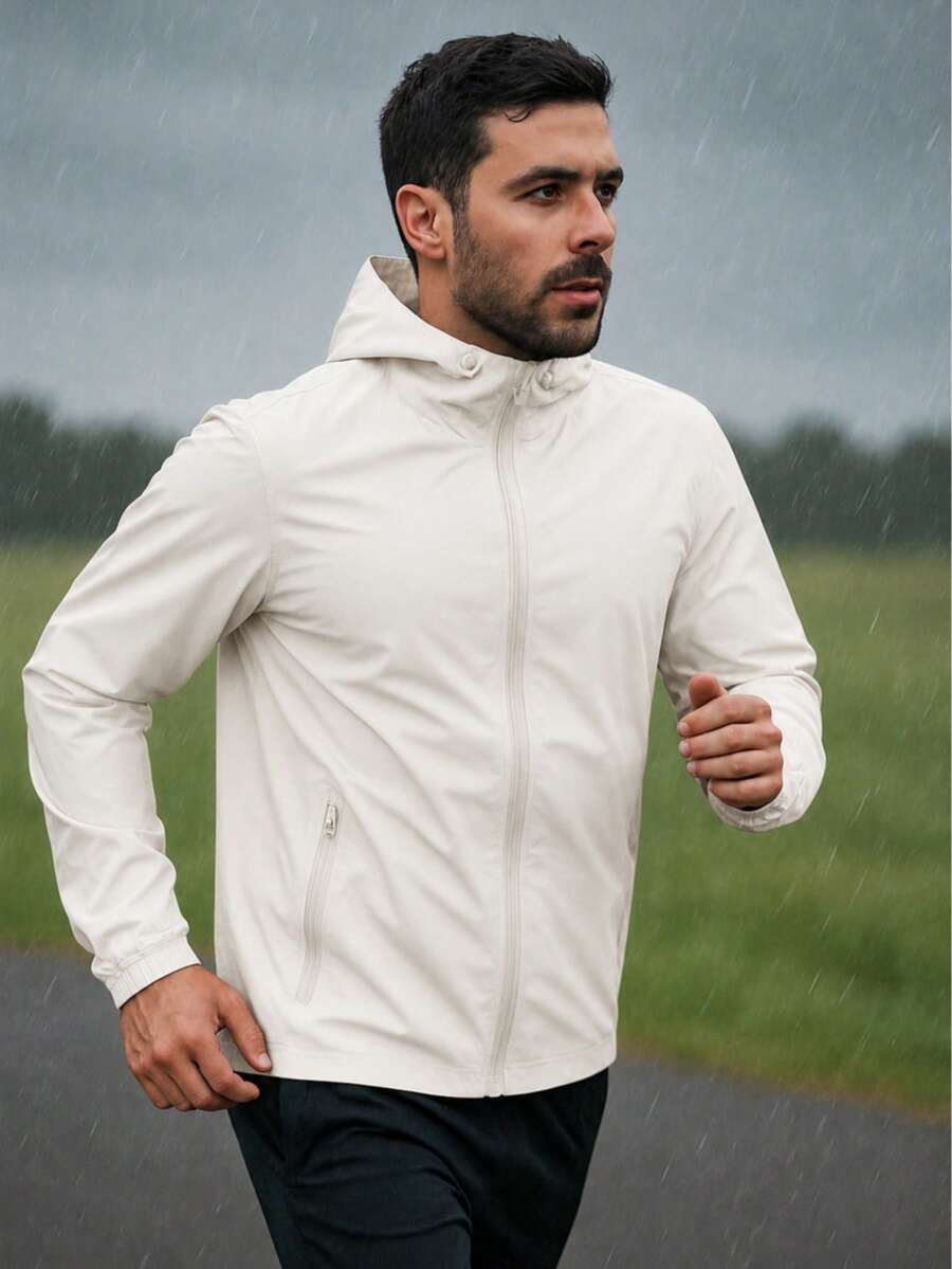 Men's Black Waterproof Windbreaker Jacket With Removable Hood, Sportswear For Gym Or Running, Water Resistant, Lightweight, Fitness, Training, Hiking, Casual, Autumn/Winter - 米白色 - 查看 1