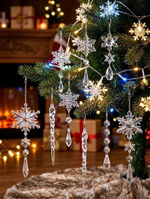 10/18Pcs Christmas Crystal Ornaments, Christmas Tree Acrylic Decoration, Merry Christmas Decor, Hanging Snowflake Icicle Ornaments With Drop Pendants, Christmas Decoration, Winter Party Decorative Pendent, Xmas Decor, Christmas Decor
