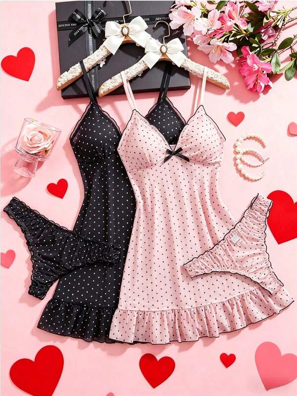 Conjunto de 4 piezas de camisón de lunares sexy para mujer, lencería de malla transparente, camisón y vestido (con pantie)