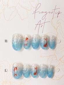 10pcs Summer Glacier Blue Underwater Koi Fish Water Ripple Gradient Gentle Fairy Shiny Cat Eye Short Oval Removable Reusable Nail Art Stickers (1pc Jelly Sticker + 1pc Nail File) Handmade Press On Nails - 彩色 - 查看 4