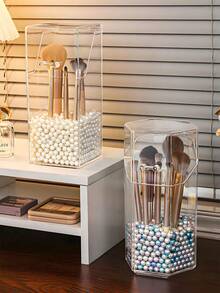 1/2pcs Acrylic Makeup Brush Holder With Lid, French Style Vanity Desktop Dust-Proof Pen Holder, Makeup Tool Storage Box, Home Makeup Room Skincare Product Storage Container,Bedroom Room Decor,Back To School - Multicolor - View 10