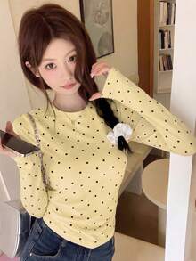 Atasan Lengan Panjang Wanita Motif Polkadot Kasual Serbaguna untuk Sehari-hari, Warna Kuning - Kuning - View 7