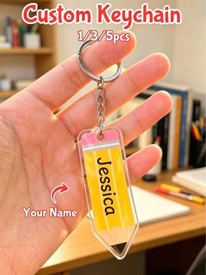 1/3/5Pcs Personalized Pencil Keychain, Custom Name School Backpack Charm, Sweet Back To School Gift For Students & Teachers