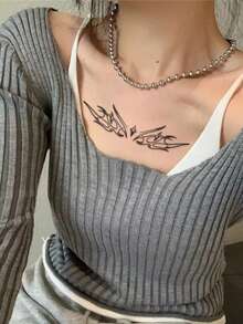 1張對稱火焰臨時紋身貼紙，防水持久Y2K抽象線條假紋身，女性腰部肋骨臀側身體藝術貼紙 - 黑色 - 查看 3
