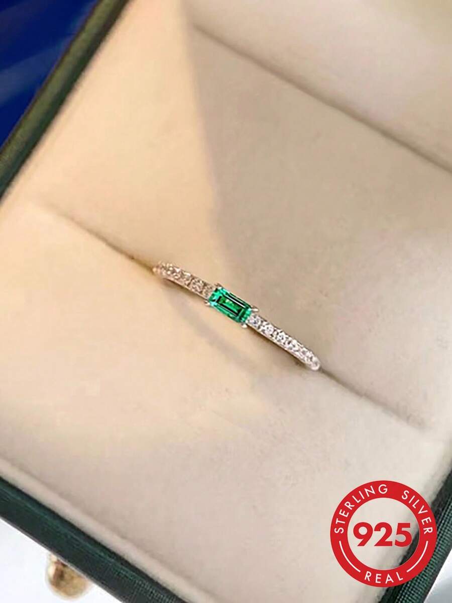 Luxury 925 Sterling Silver Long Rectangle High Carbon Stone Ring With Cubic Zirconia & Green Stone Decor - White - View 1