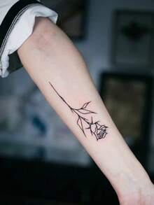 1 Sheet Single Line Rose Temporary Tattoo Sticker, Waterproof Long-Lasting Minimalist Outline Flower Fake Tattoo, Body Art Decal For Women Waist Rib Hip Side Back - Black - View 3