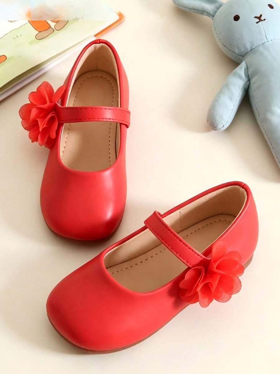 1 Pair Children's Pure Red Mary Jane Shoes, With Mesh Flower Decoration, Breathable Comfortable Soft Insole, Wear-Resistant Non-Slip Flat Shoes, Spring Summer Autumn Winter Style, Versatile Elegant Footwear, Suitable For Baptism, Family Gatherings, Children's Outdoor Play, Matching Various Dresses - Red - View 1