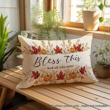 1 pieza Funda de almohada con patrón de texto "Bendice esto y a todos los que entren" con calabaza de otoño y hoja de arce, material de terciopelo de piel de durazno amigable con la piel, impresión de un solo lado 30*50/40*60cm, adecuada para sala de estar, dormitorio, sofá, decoración del hogar, funda de cojín, regalo festivo, sin relleno de almohada - Multicolor - Ver 5