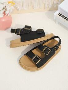 1 Pair Kids' Summer Flat Sandals, Premium Black Minimalist Fashion Sandals With Adjustable Bronze Buckle Design, Casual Style Suitable For Beach, Vacation And Outdoor Play - Black - View 3
