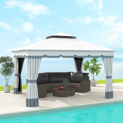 Outsunny  10' X 12' Patio Gazebo, Double Roof Outdoor Gazebo Canopy Shelter With Netting And Curtains, Solid Metal Frame For Garden, Lawn And Deck, Light Grey