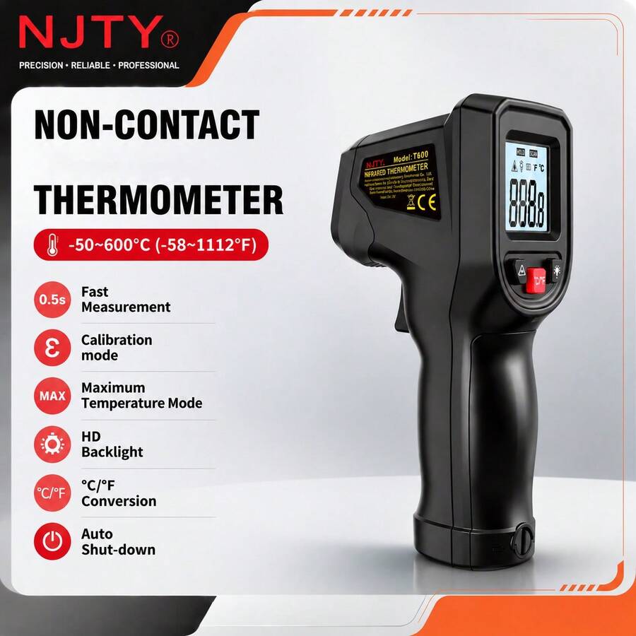 NJTY 數位紅外線溫度槍 (-50 至 600°C) – 非接觸式工業溫度計(附背光 LCD 螢幕);手持式溫度計,適用於汽車、燒烤、窯爐/熔爐及電氣檢測 - A - 查看 1