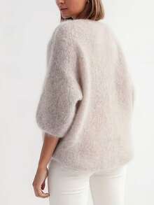 Women's Deep V-Neck Pullover Mohair Knit Sweater, French Slouchy Soft Fluffy Solid Color Loose Versatile Top Fall - Light Grey - View 2