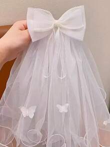 1件女孩仙氣白色珍珠蓬蓬紗蝴蝶結髮夾，適合婚禮、度假、派對、田園風場合 - 白色 - 查看 5