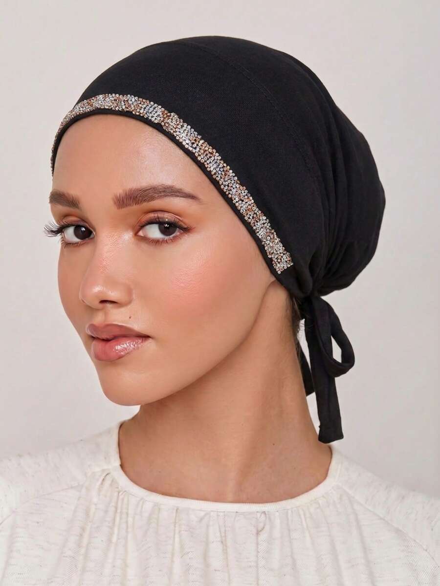 1pc Women's Solid Color Rhinestone Embellished Tie-Up Hat, Elastic Drawstring Headscarf With Inner Lining