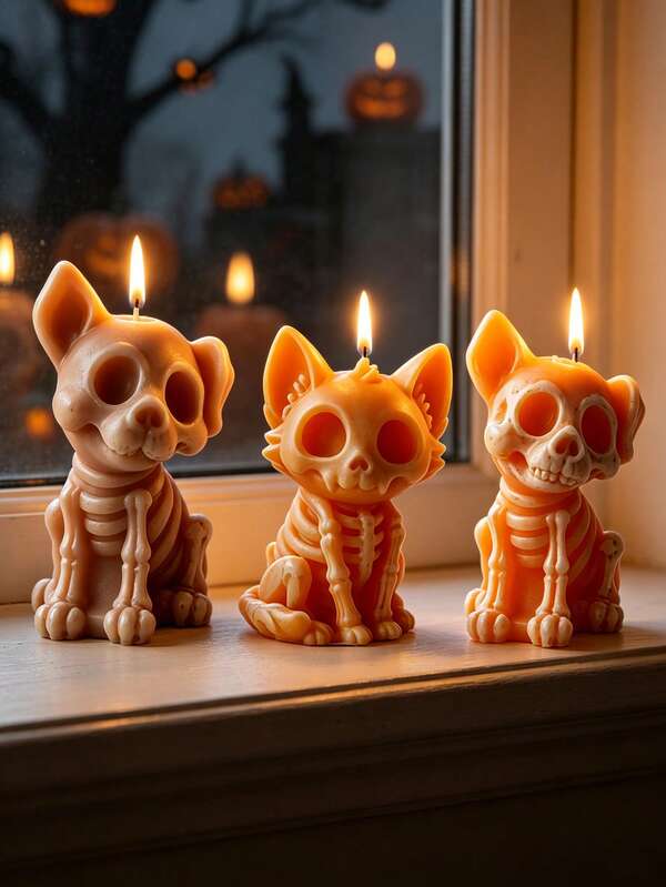1 pieza Vela aromática con diseño de calavera de gato y perro, vela de aromaterapia con esqueleto de gatito y cachorro de Halloween, adorno de atmósfera de esqueleto animal DIY para decoración del hogar, accesorio para fotos y regalo de velas para fiestas festivas