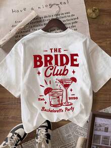 Es Trus Plus 女款夏季寬鬆復古「THE BRIDE Club」圖案印花街頭嘻哈 T 恤，韓系復古做舊時尚休閒款 - 白色 - 查看 5