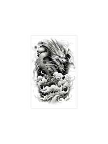 1 Sheet Men's Black Grey Chinese Dragon Temporary Tattoo Stickers, Traditional Oriental Cloud Wave Asian Dragon Ink Sketch Large Waterproof Body Stickers For Forearm Chest Rib Back Shoulder - Black - View 3