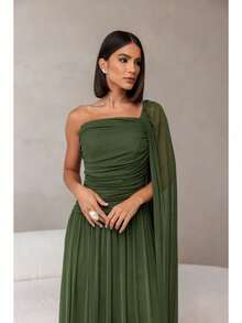 Long, One-Shoulder Party Dress In Dark Nude, Flowing Style, For Bridesmaids/Dates/Graduations/Guests. - Olive Green - View 3