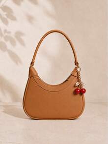 1 Peça Bolsa Feminina Meia Lua Estilo Baguete De Ombro Y Mão Com Chaveiro Pingente Cereja Brinde - Marrom - Visão 3
