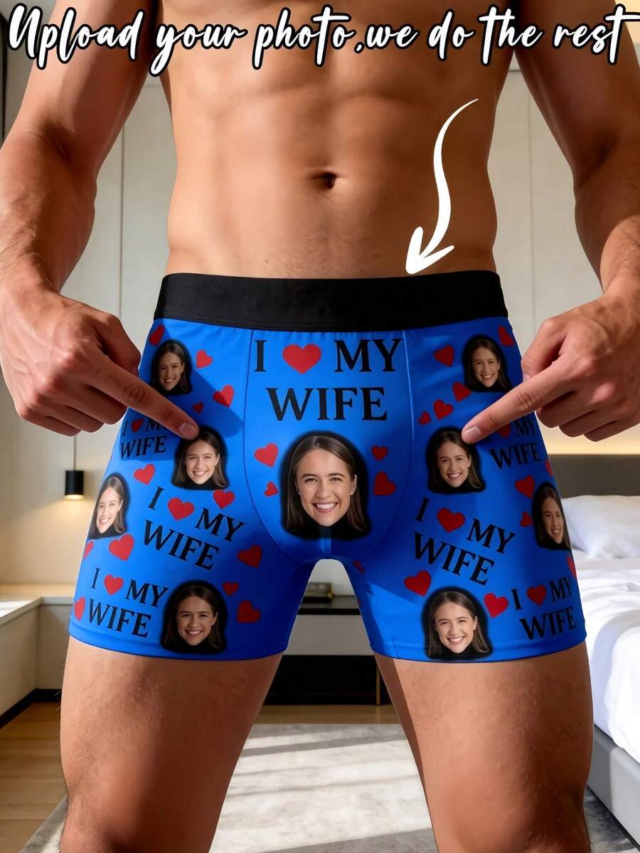 男士客製化四角內褲，印有妻子照片與「I LOVE MY WIFE」文字及紅色愛心圖案，皇家藍，柔軟透氣面料