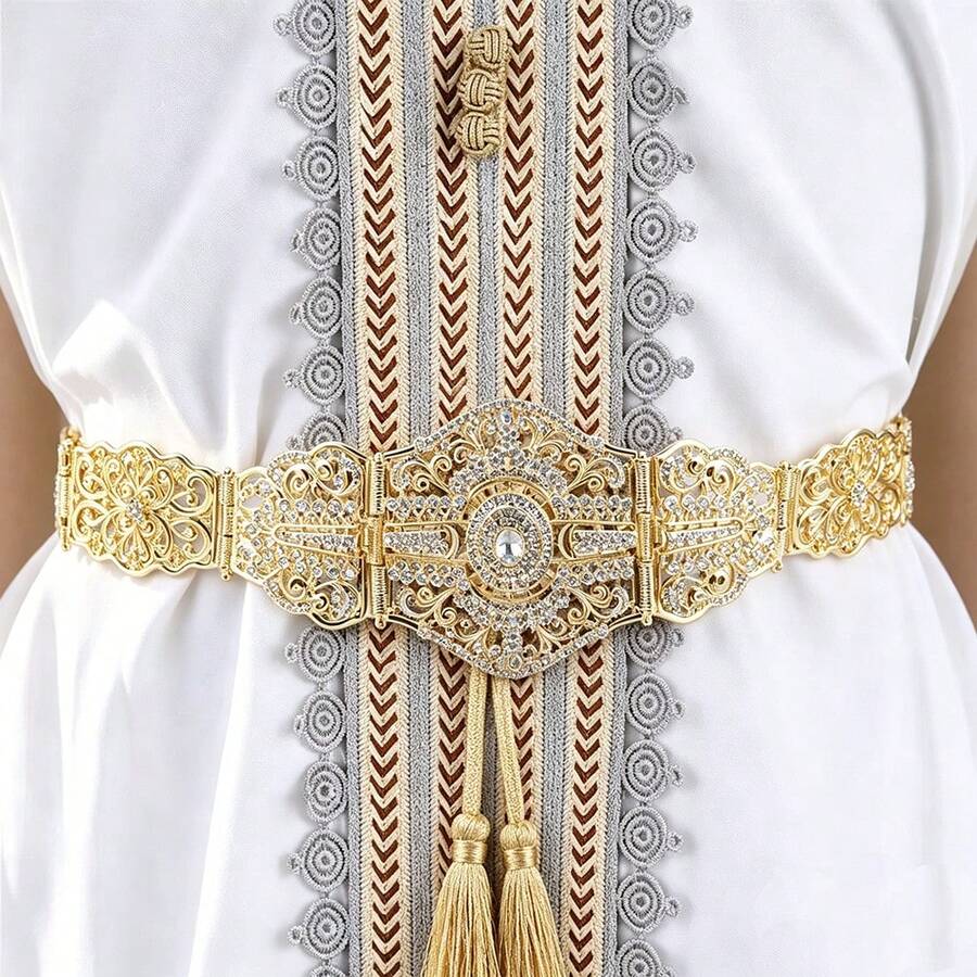 1pc Women Statement Wide Gold Color Waist Belt, Hollow Carved Metal Filigree With Rhinestone, Tassel Drawstring Waistband Accessory For Kaftan - Metal Belt - View 1