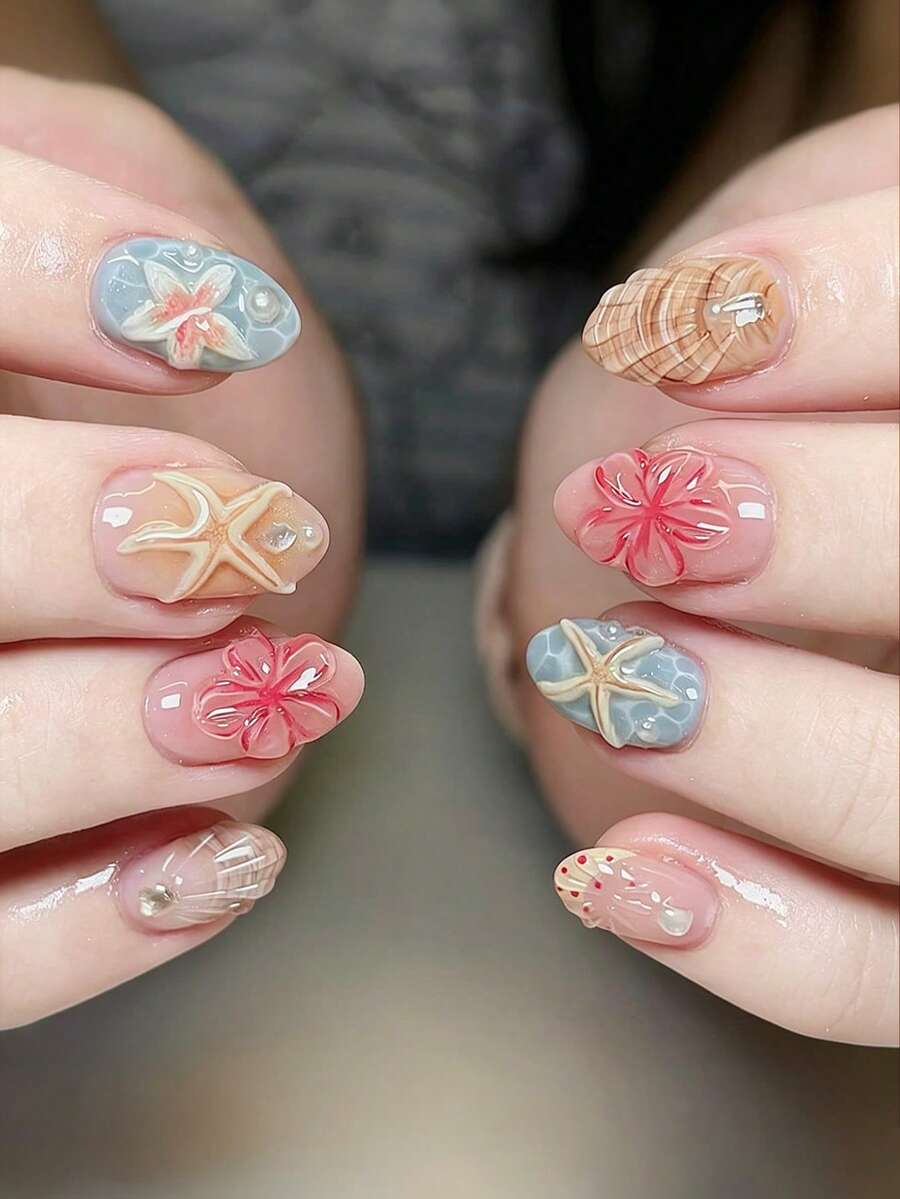 30pcs Handmade 3D Starfish Shell Flower Press On Short Oval Nails, Summer Sheer Nude Light Blue Water Ripple Seaside Cute Design Reusable Fake Nail Kit With Jelly Tabs And Nail File - Multicolor - View 1