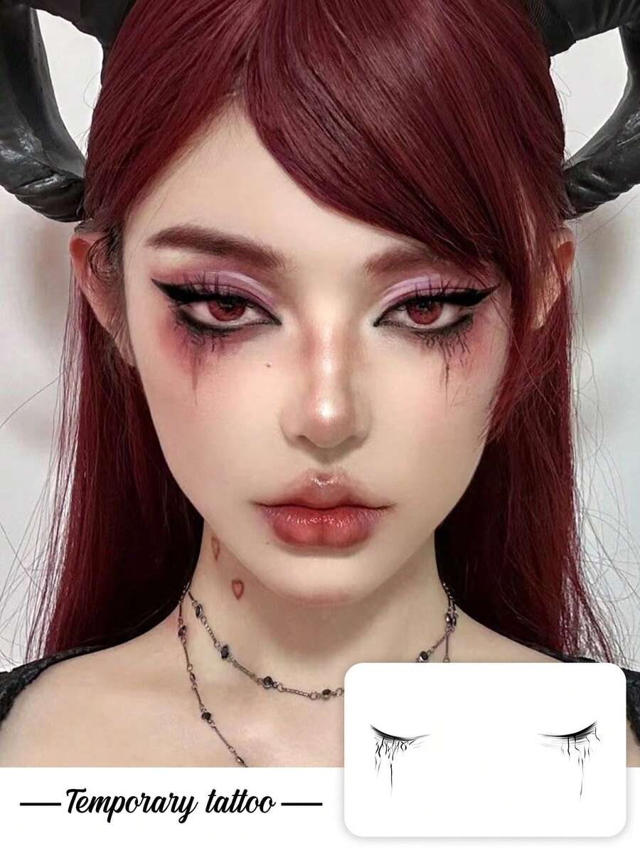 1pc Dark Style Dripping Tears Eyeliner Pattern Temporary Tattoo Sticker, Realistic Fake Tattoo Design, Suitable For Daily Bachelorette Party Favors, Music Festivals, Gaming, Graduation Gifts,Halloween, Lasts 3-5 Days - Black - View 1