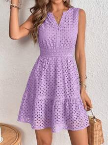 PRETTYGARDEN Women's Summer Dress Sleeveless V Neck Eyelet Cutout Swinging A-Line Flowy City Walks Wedding Guest Graduation Beach Vacation Sun Dress - 淡紫色 - 查看 5