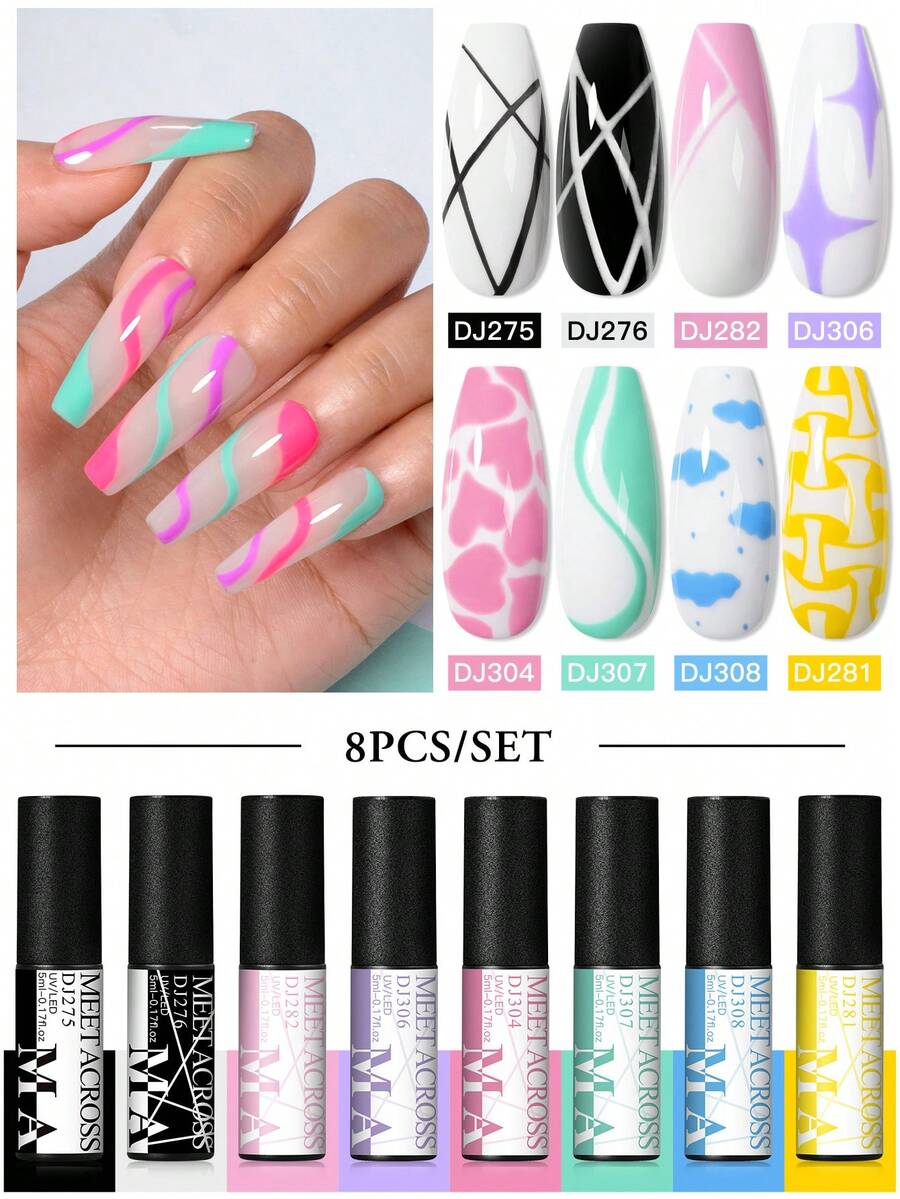 MEET ACROSS 8件組 5ml 馬卡龍色美甲線條膠指甲油套組，黑白糖果色半永久 UV 凝膠指甲油，適用 DIY 繪圖、法式指尖、線條漩渦美甲設計，美甲線條膠刷膠，適合夏季美甲，居家與沙龍美甲使用