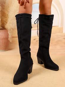 Women's Vintage Western Boots, Chunky Heel, Pointed Toe, Tall Shaft, Slouchy Leg, High Heel, Riding Boots, Autumn/Winter New Style, Fashionable Versatile - Black - View 3
