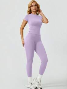 NcmRyu One Set Women's Solid Color Elastic Round Neck Short Sleeve Long Pants Sports Set - Mauve Purple - View 5