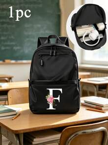5/1pc Black Backpack A-Z 26 Floral Initial Print Multi-Zipper Large Capacity Lightweight Casual Style Student Classroom Travel Daily Use Laptop Storage Backpack Back To School Gift - Multicolor - View 20