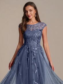 EVERPRETTY Elegant Dusty Blue Evening Midi Dress With Leaf Sequin Embroidered Sheer Neckline And Tulle Skirt For Wedding Guest Semi Formal Dress - Dusty Blue - View 3
