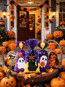 50/25pcs/1pc-Halloween Gift Bags, 5 Designs, Featuring Skull, Ghost, Black Cat And Pumpkin Prints, Halloween Party Supplies, Halloween Trick Or Treat Party Supplies, Halloween Decorations, Suitable For Packaging Cookies, Candies, Nougat And Small Snacks - Multicolor - View 2