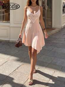 Women's Summer Pink Lace Trim Mini Slip Dress, V Neck Adjustable Spaghetti Strap Irregular Ruffle Hem Coquette Dress - Pink - View 7