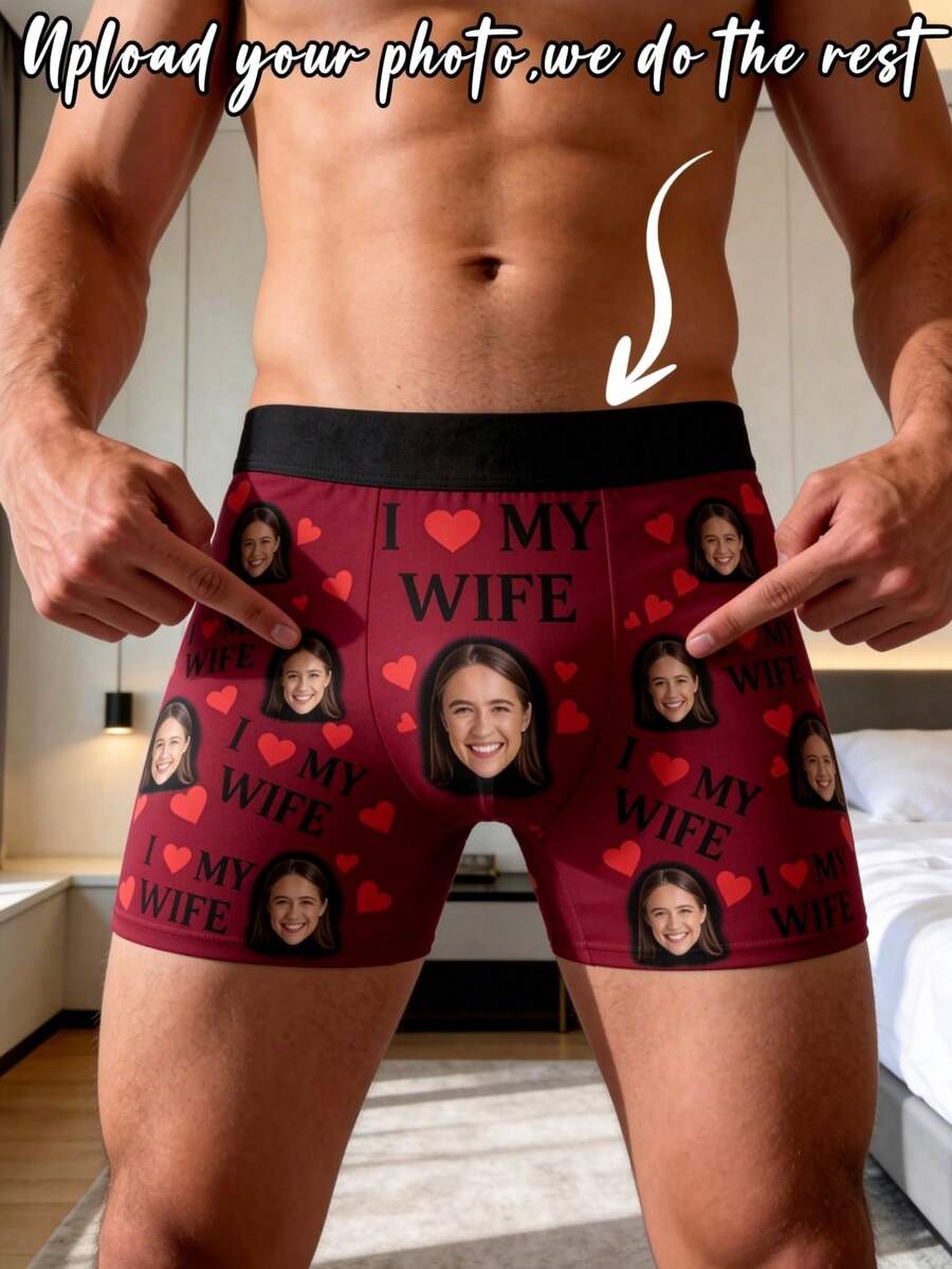 Men's Custom Boxer Briefs With Printed Wife Photos And "I LOVE MY WIFE" Letter And Red Heart Pattern, Royal Blue Color, Made Of Soft Breathable