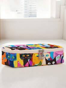1pc, Cat Pattern Printed Large Capacity Pencil Case For Teenagers, Compartment Pencil Bag, School Storage Bag, Storage Box, Back , First Day Of School - Multicolor - View 6