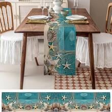 Polyester Table Runner, 2D Flat Printing Blue Starfish Seashell Coral Texture Pattern & Rustic Teal Wood Grain Fishing Net Beach Seashell Starfish Print, Heat Resistant Washable Table Decor Runner For Summer Nautical Table Decoration - Multicolor - View 6