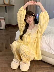 2pcs/Set Women's Pajamas Loungewear Set, Korean Style Casual Plaid Print Matching Set, Long Sleeve Long Pants, Suitable For Home And Casual Wear - Yellow - View 5