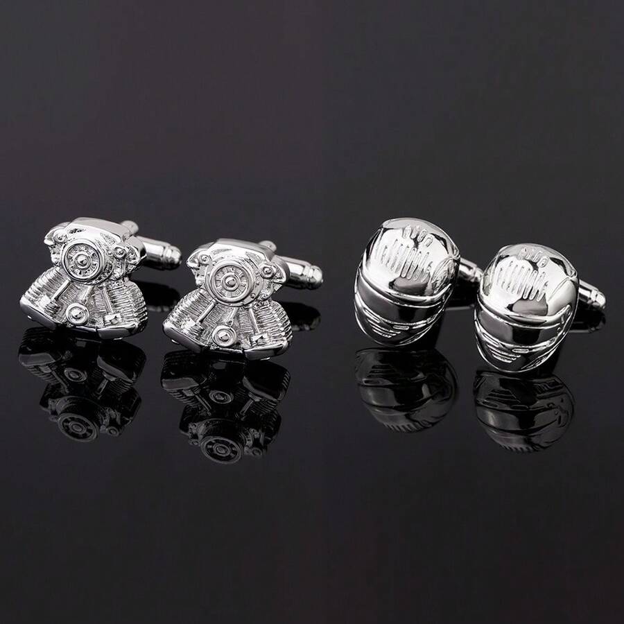 1 Pair Novelty Engine & Helmet Shaped Men's Cufflinks, Silver Plated Metal Shirt Cuff Buttons For Formal/Business/Party