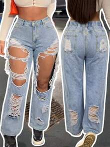 Jeans da donna taglie forti a gamba dritta di colore chiaro con effetto strappato, pantaloni casual lunghi non elasticizzati con design con cerniera - Blu - Visualizzare 1