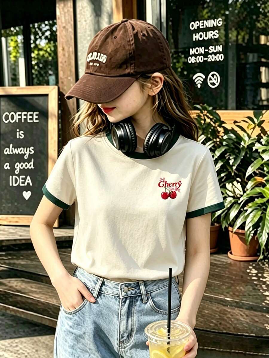 Kaos Kasual Lengan Pendek Warna Kontras Bordir Cherry Manis untuk Remaja Perempuan, Cocok untuk Pemakaian Sehari-hari dan Liburan - Aprikot - View 1