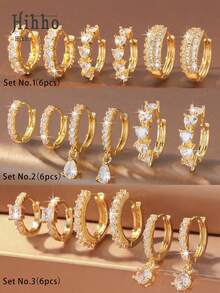 Hihho 6pcs/Set Zirconia Stud Earrings Set, Stud Structure + Full Zirconia Pave + Multi-Style Combination Balancing Simplicity And Decoration. Heart Zirconia + Water Drop Pendant + Plain Hoop Full Zirconia, Strong Luster, Suitable For Daily, Commuting, Light Social Occasions And More - Gold - View 1
